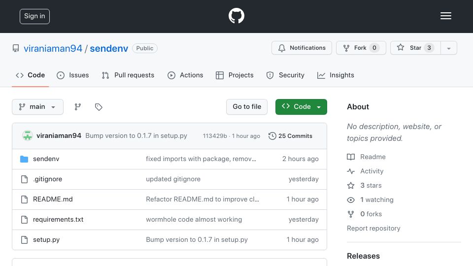 Screenshot of github.com: Show HN: Sendenv, a CLI tool to share environment variables