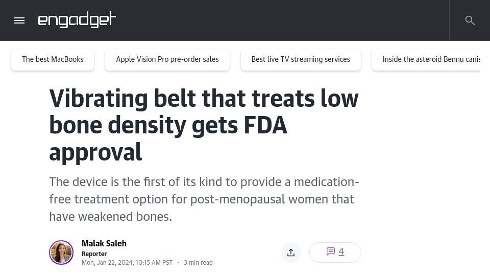 Screenshot of engadget.com: Vibrating belt that treats low bone density gets FDA approval