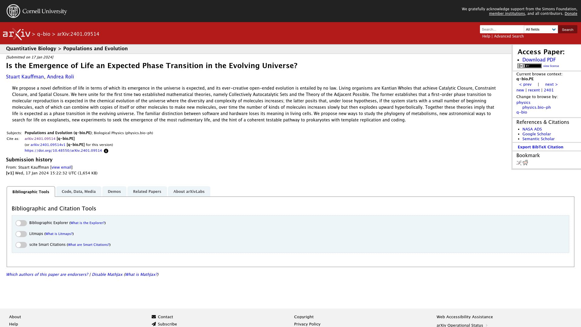 Screenshot of arxiv.org: Is the emergence of life an expected phase transition in the evolving universe?