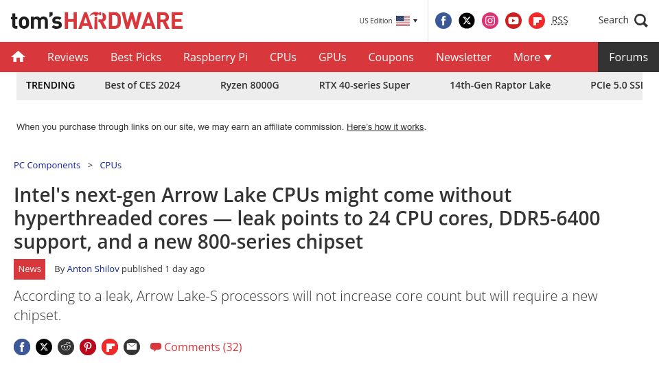 Screenshot of tomshardware.com: Intel's next-gen Arrow Lake CPUs might come without hyperthreaded cores