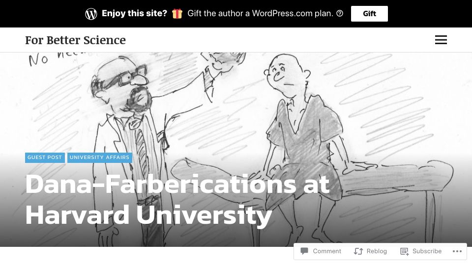 Screenshot of forbetterscience.com: Dana-Farberications at Harvard University
