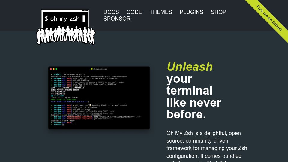 Screenshot of ohmyz.sh: Oh My Zsh