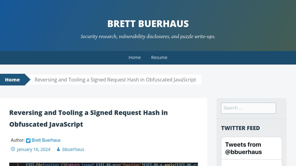 Screenshot of buer.haus: Reversing and Tooling a Signed Request Hash in Obfuscated JavaScript