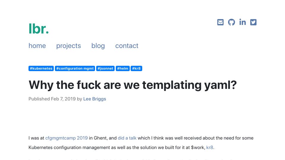 Screenshot of leebriggs.co.uk: Why are we templating YAML? (2019)
