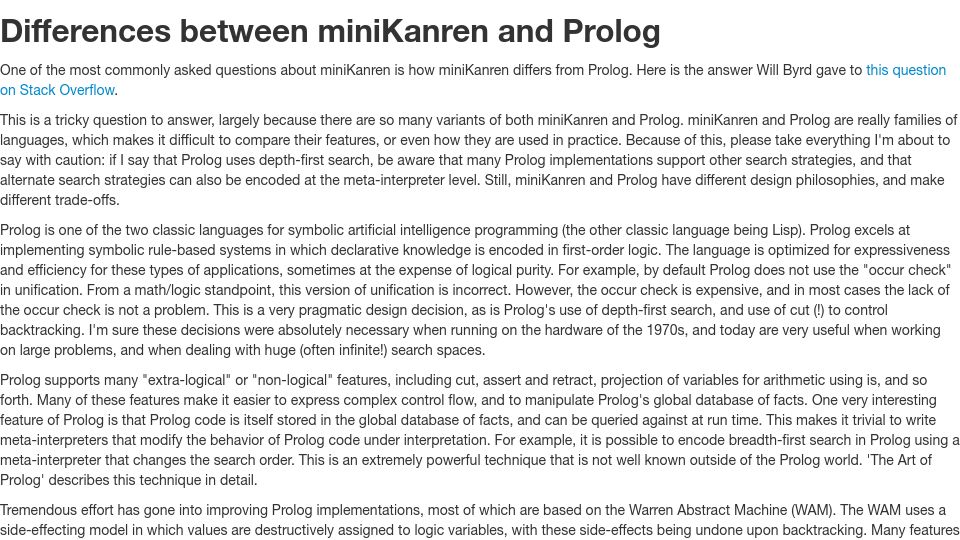 Screenshot of minikanren.org: Differences Between miniKanren and Prolog