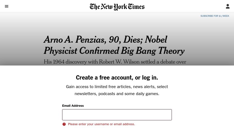 Screenshot of nytimes.com: Arno A. Penzias, 90, Dies; Nobel Physicist Confirmed Big Bang Theory