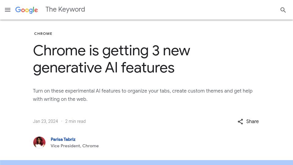 Screenshot of blog.google: Chrome experimental AI features