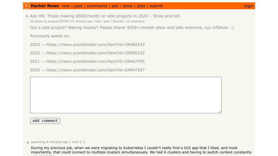 Screenshot of Hacker News post: Ask HN: Those making $500/month on side projects in 2024 – Show and tell
