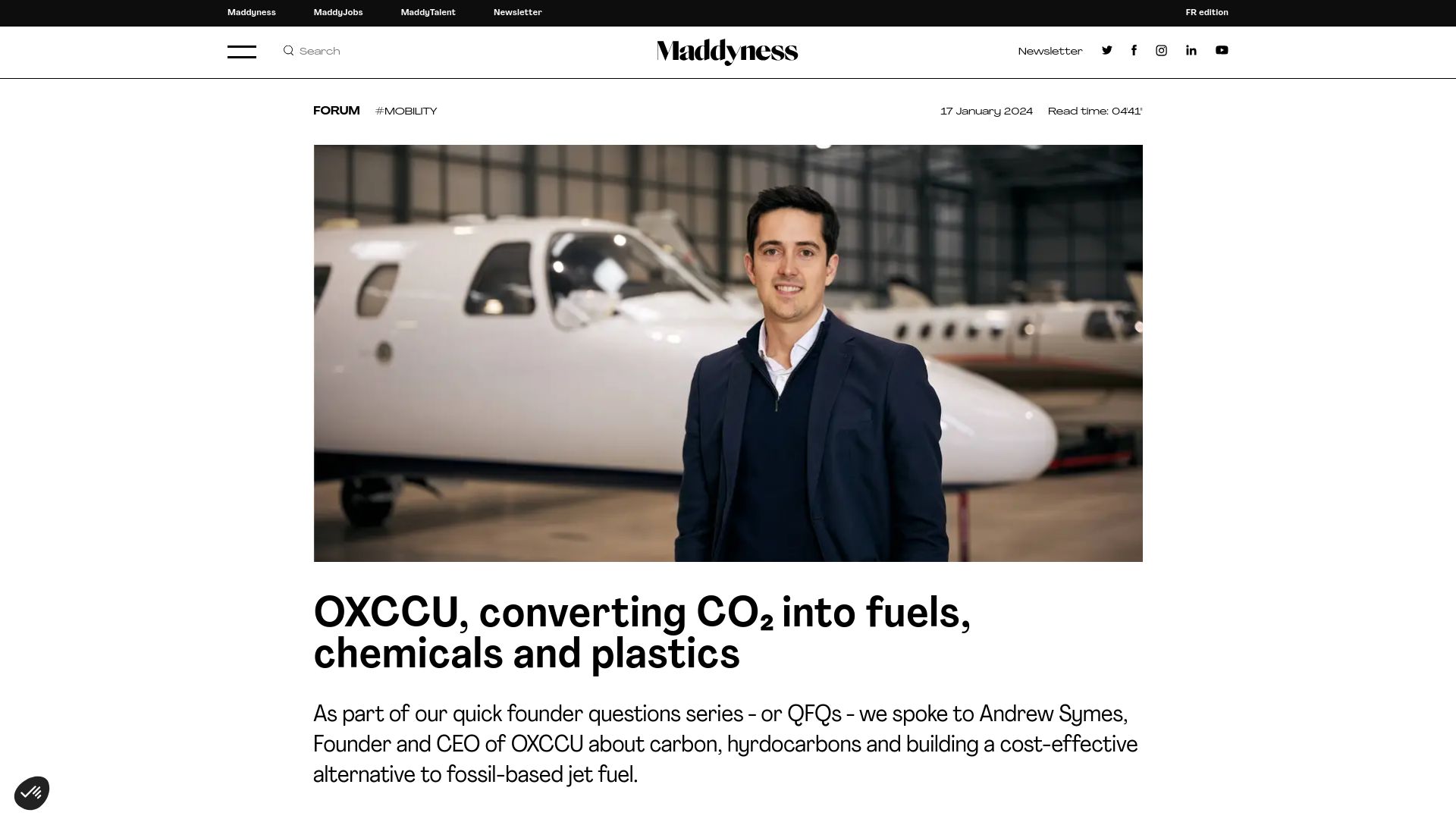 Screenshot of maddyness.com: Oxxcu, converting CO₂ into fuels, chemicals and plastics
