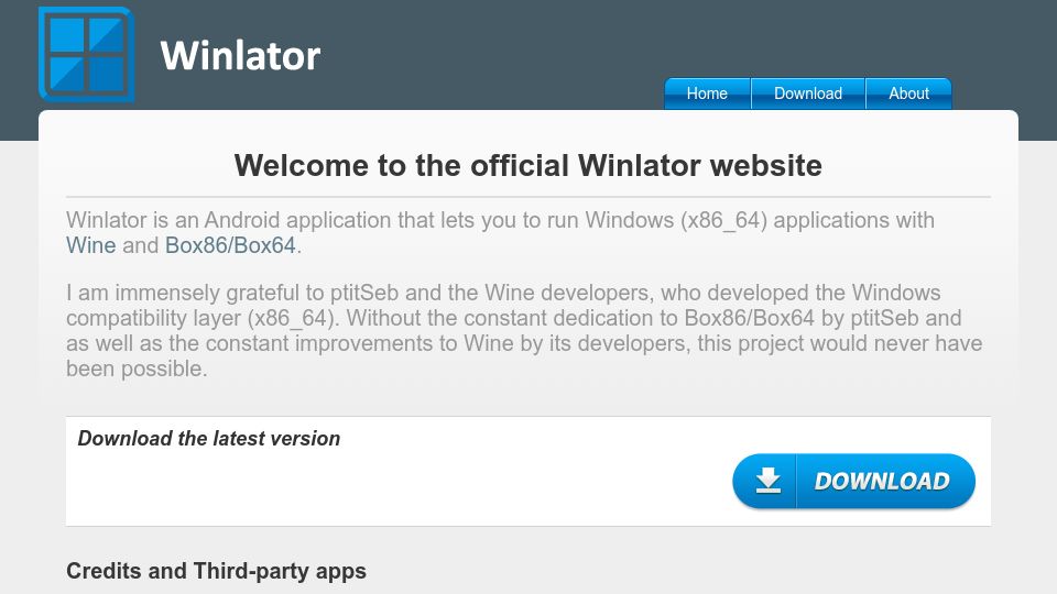 Screenshot of winlator.org: Winlator: Android app that lets you to run Windows apps with Wine