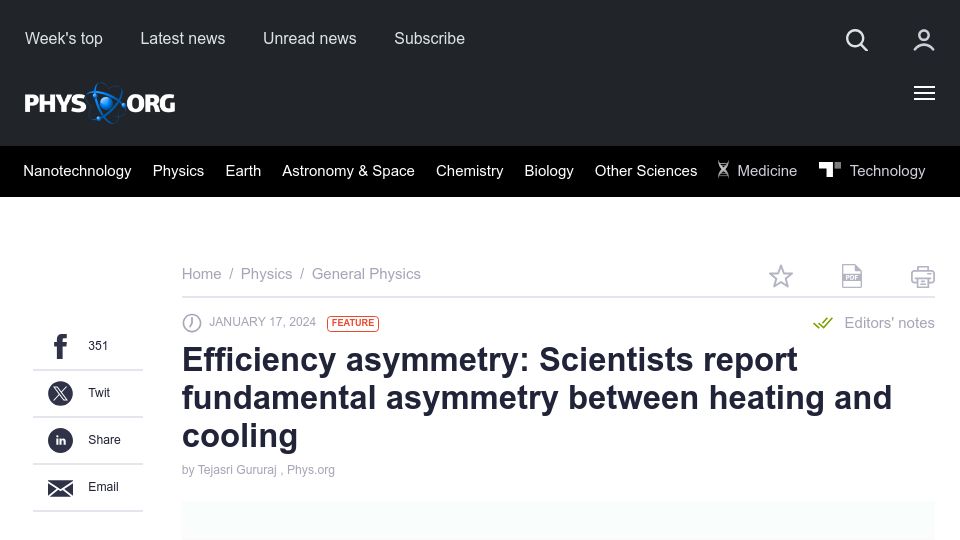 Screenshot of phys.org: Scientists report asymmetry between heating and cooling
