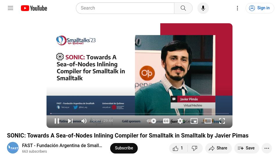 Screenshot of youtube.com: Sonic: Towards a Sea-of-Nodes Inlining Compiler for Smalltalk in Smalltalk [video]