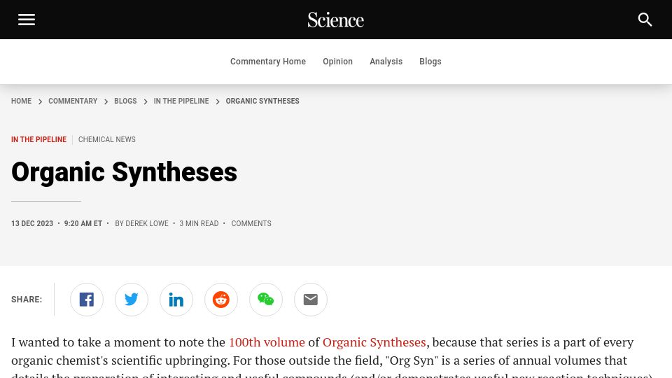Screenshot of science.org: Organic Syntheses (2023)