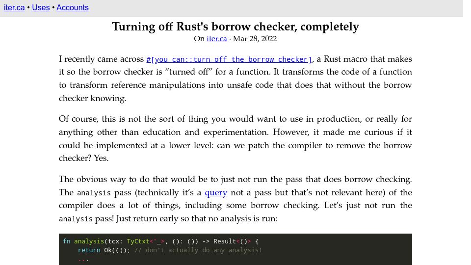 Screenshot of iter.ca: Turning off Rust's borrow checker completely (2022)