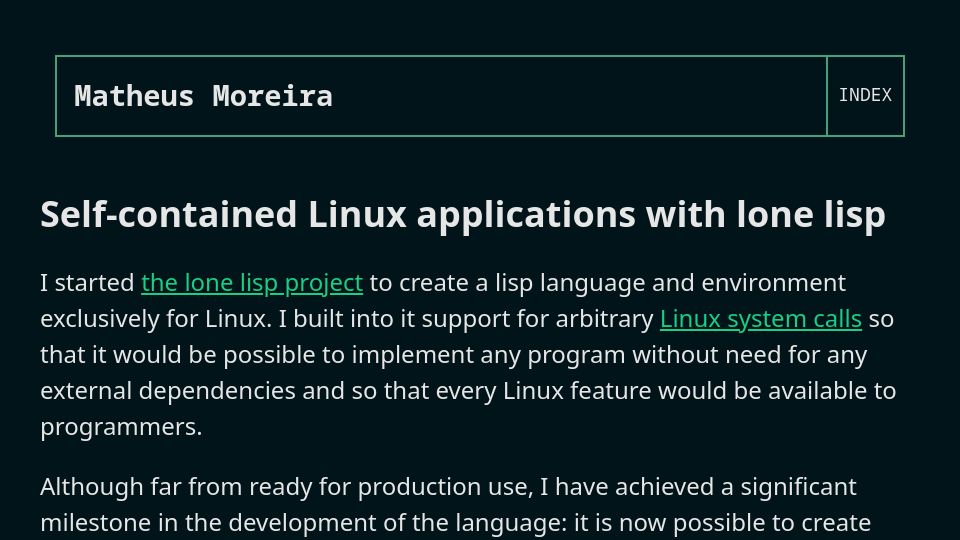 Screenshot of matheusmoreira.com: Self-contained Linux applications with lone Lisp