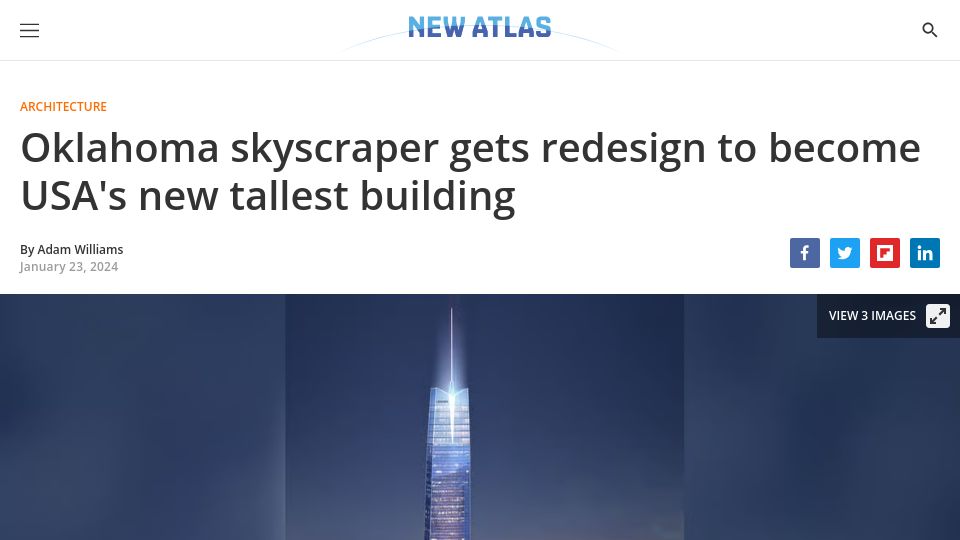 Screenshot of newatlas.com: Proposed Oklahoma skyscraper gets redesign to become USA's new tallest building