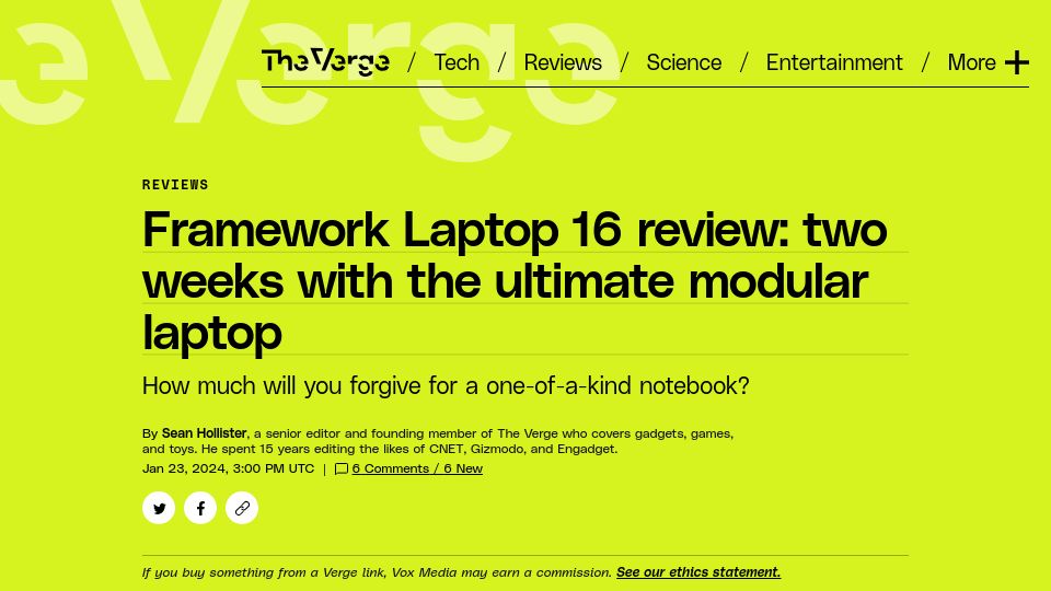 Screenshot of theverge.com: Framework Laptop 16 review: two weeks with the ultimate modular laptop