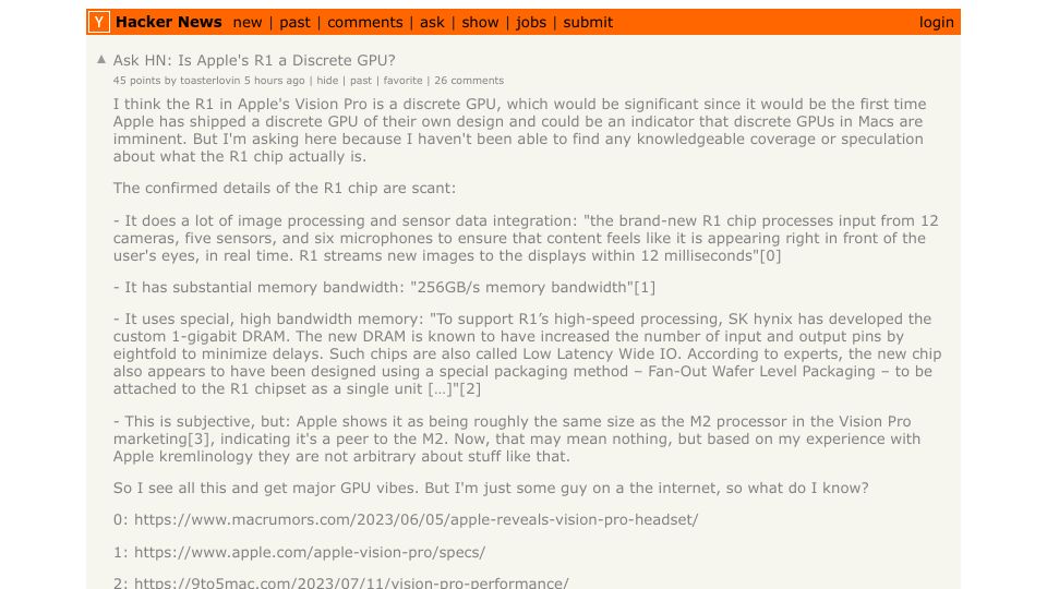 Screenshot of Hacker News post: Ask HN: Is Apple's R1 a Discrete GPU?