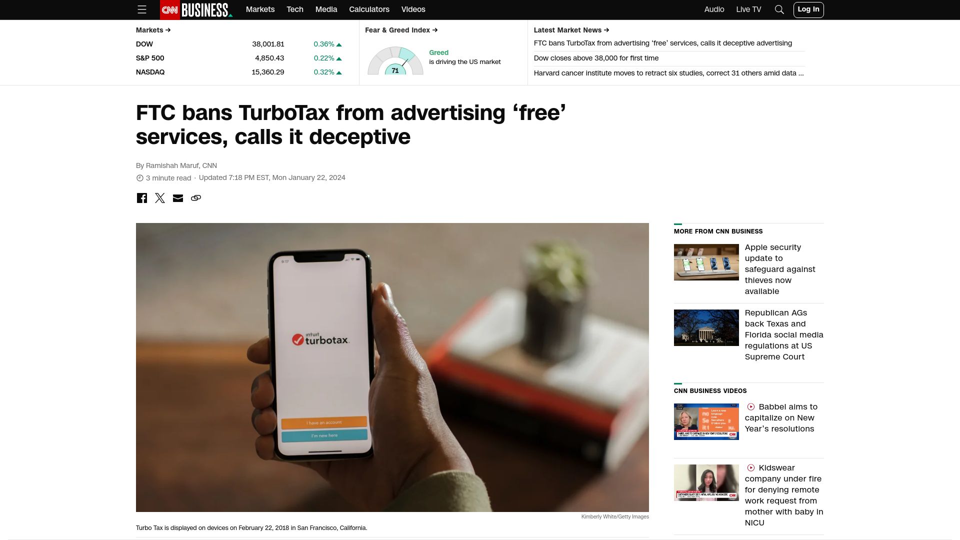 Screenshot of cnn.com: FTC bans TurboTax from advertising 'free' services, calls deceptive advertising