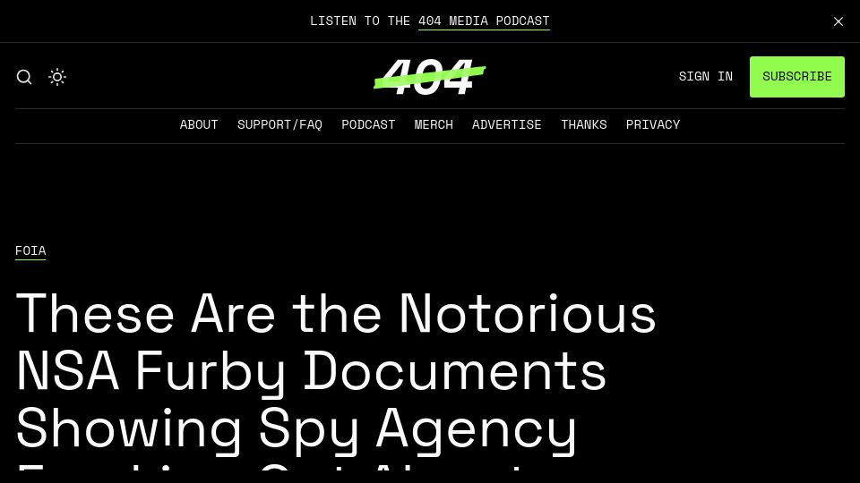 Screenshot of 404media.co: The NSA Furby Documents
