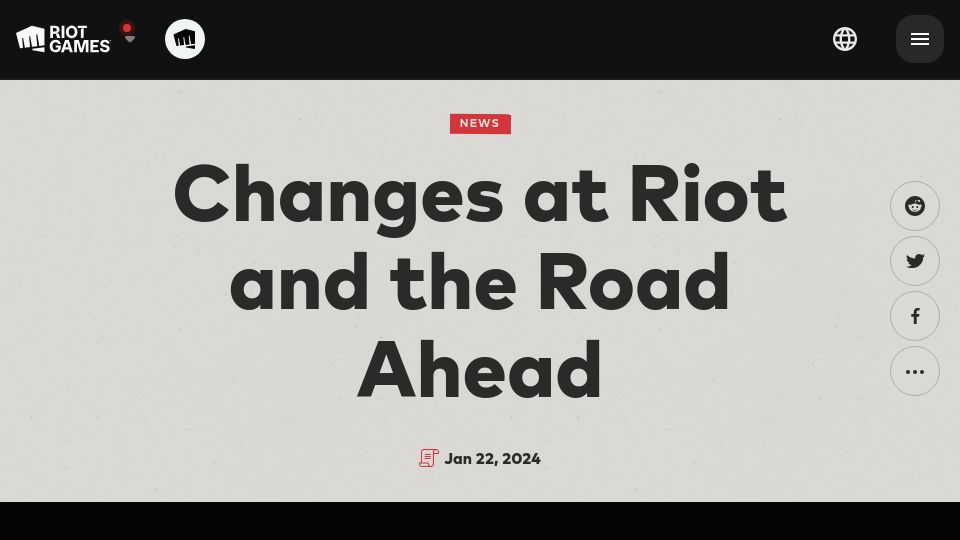 Screenshot of riotgames.com: Changes at Riot Games and the road ahead