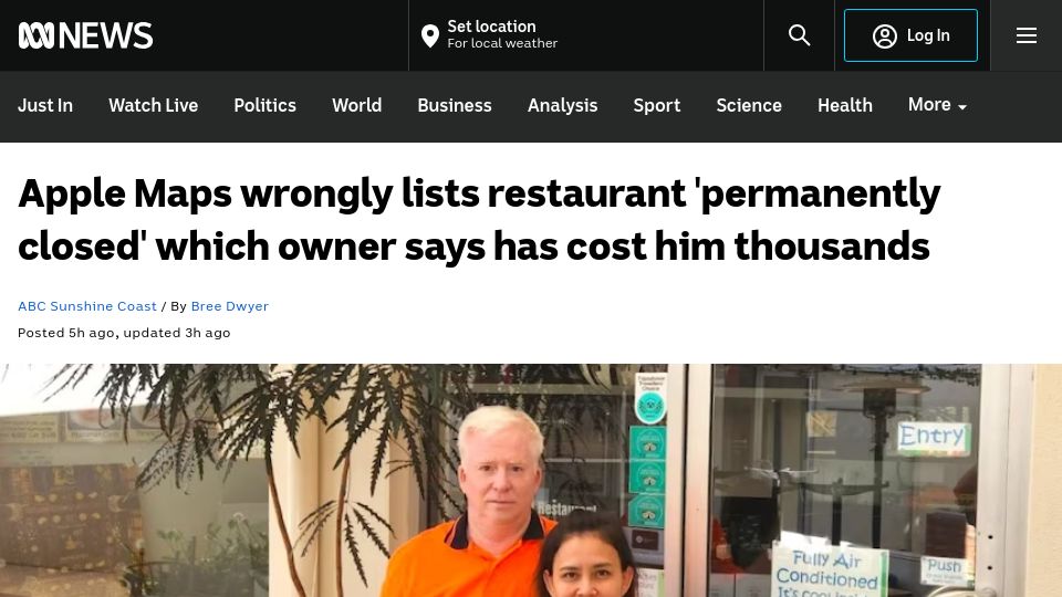 Screenshot of abc.net.au: Apple Maps wrongly lists restaurant permanently closed, costing owner thousands