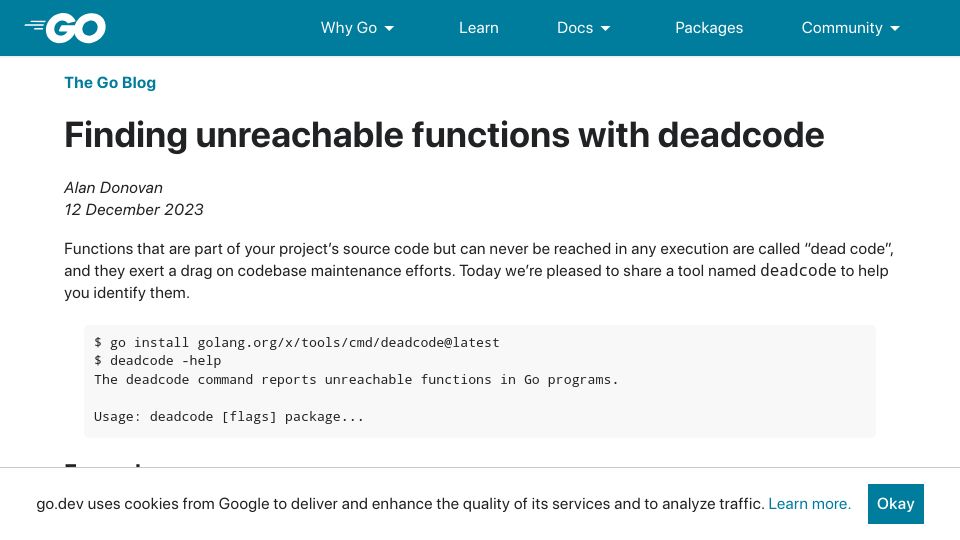 Screenshot of go.dev: Deadcode: Finding unreachable functions in Go