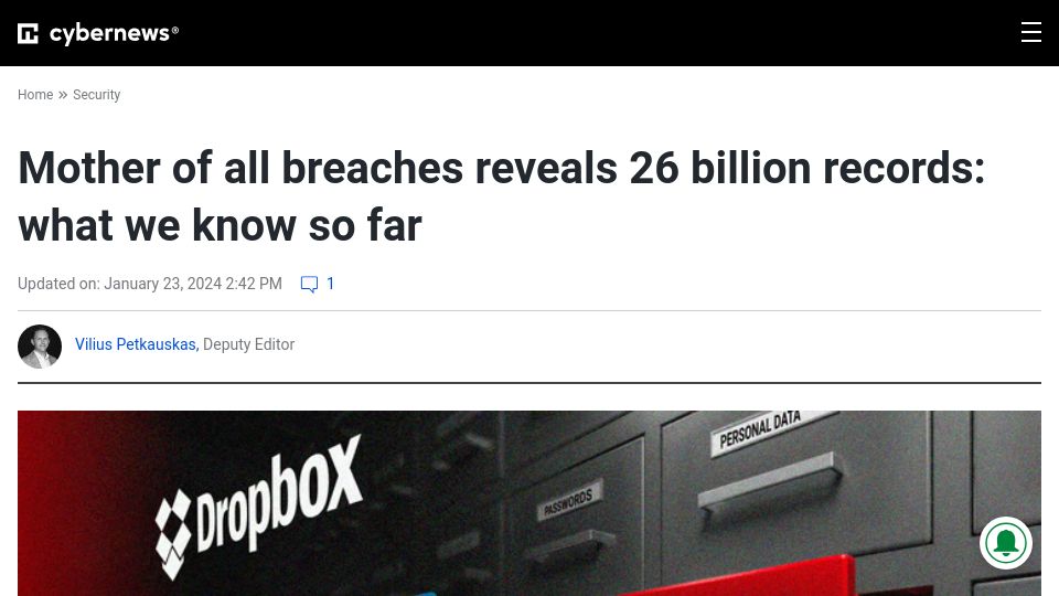 Screenshot of cybernews.com: Data leak contains 26B records from numerous previous breaches