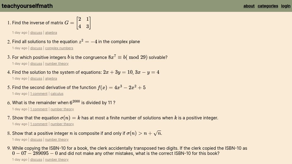 Screenshot of teachyourselfmath.app: Show HN: I wished for a site with a growing list of math problems, I built it