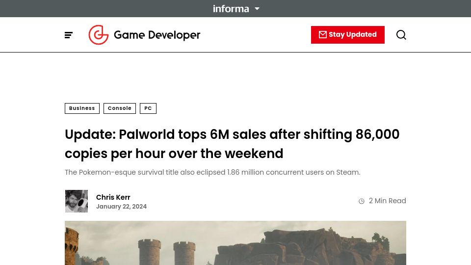 Screenshot of gamedeveloper.com: Palworld tops 5M sales after shifting 86,000 copies per hour over the weekend