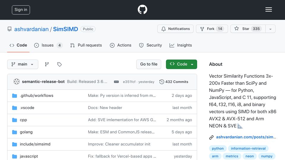 Screenshot of github.com: SimSIMD: Hardware-accelerated similarity metrics and distance functions