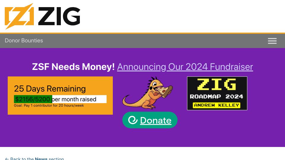 Screenshot of ziglang.org: Donor Bounties: A New Kind of Feature Bounty