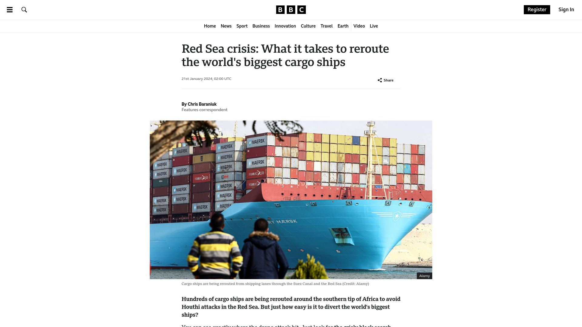 Screenshot of bbc.com: What it takes to reroute the biggest cargo ships on a 4K mile detour