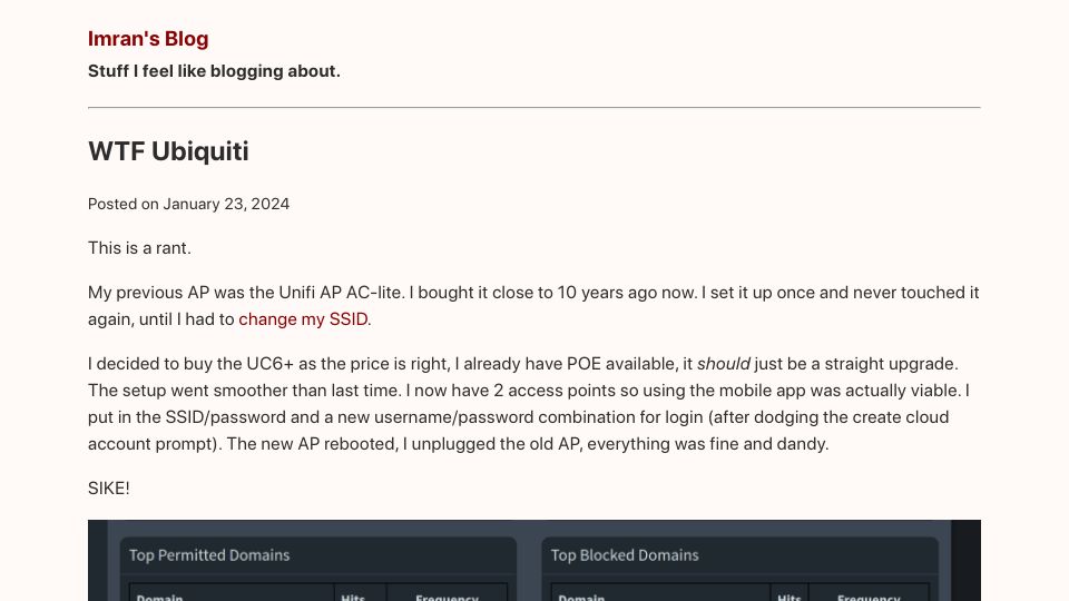 Screenshot of blog.imraniqbal.org: WTF Ubiquiti