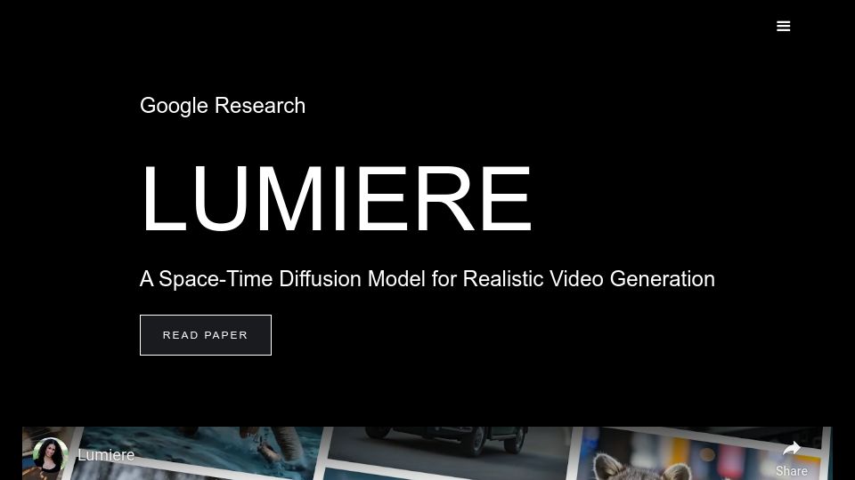 Screenshot of lumiere-video.github.io: Lumiere: A space-time diffusion model for realistic video generation