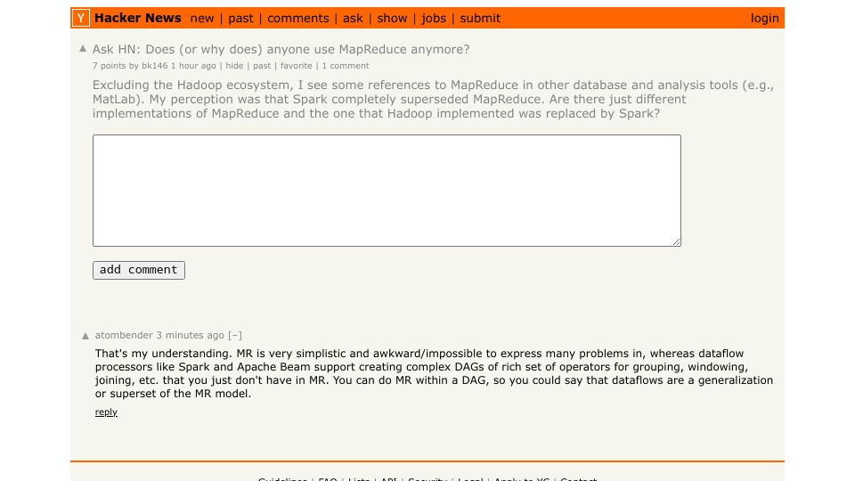 Screenshot of Hacker News post: Ask HN: Does (or why does) anyone use MapReduce anymore?