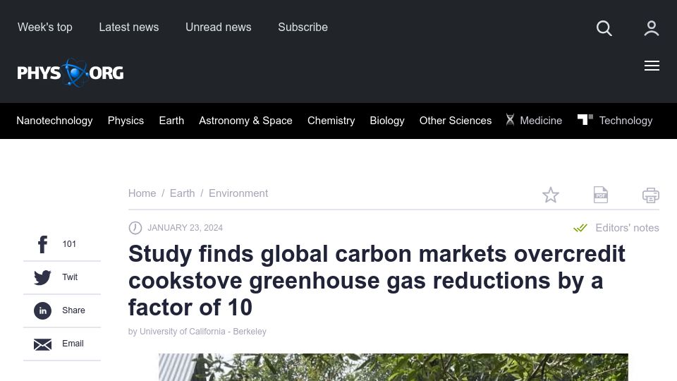 Screenshot of phys.org: Global carbon markets overcredit cookstove greenhouse gas reductions by 10