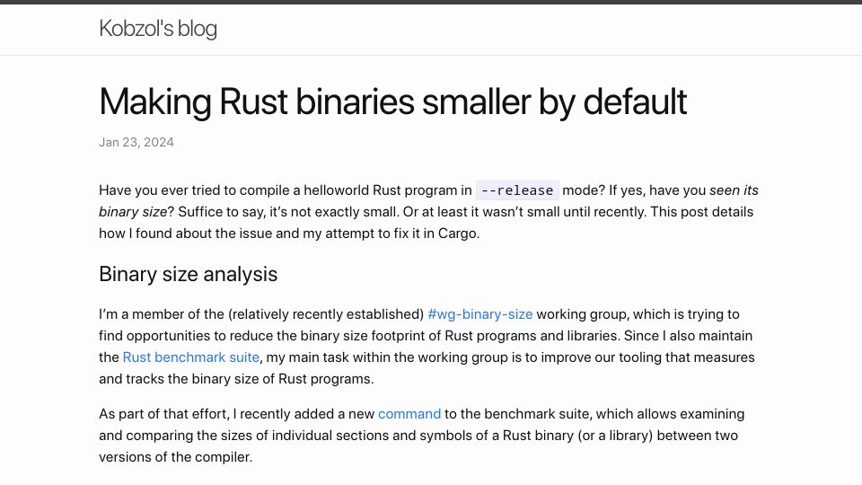 Screenshot of kobzol.github.io: Making Rust binaries smaller by default