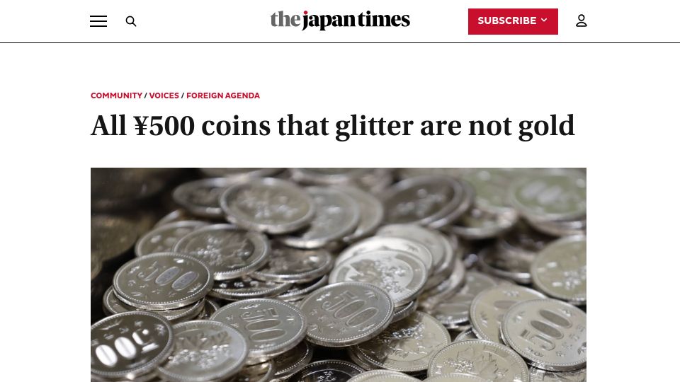 Screenshot of japantimes.co.jp: All ¥500 coins that glitter are not gold