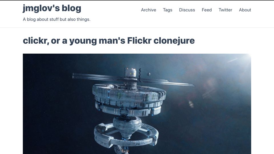 Screenshot of jmglov.net: Clickr, or a young man's Flickr clonejure