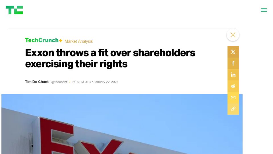 Screenshot of techcrunch.com: Exxon throws a fit over shareholders exercising their rights