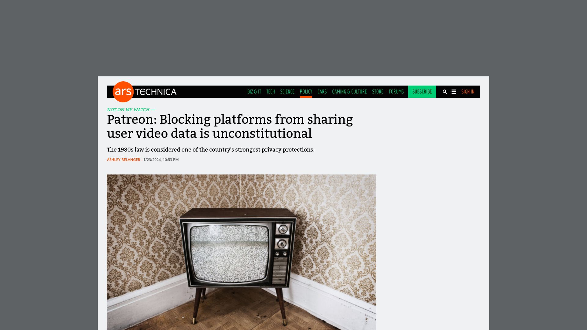 Screenshot of arstechnica.com: Patreon: Blocking platforms from sharing user video data is unconstitutional