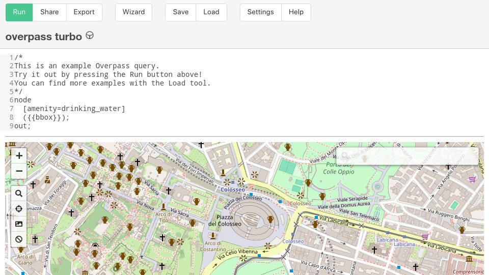 Screenshot of overpass-turbo.eu: Overpass Turbo: A Web Based Data Mining Tool for OpenStreetMap