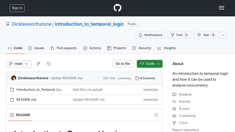 Screenshot of github.com: An introduction to temporal logic and how it can be used to analyze concurrency