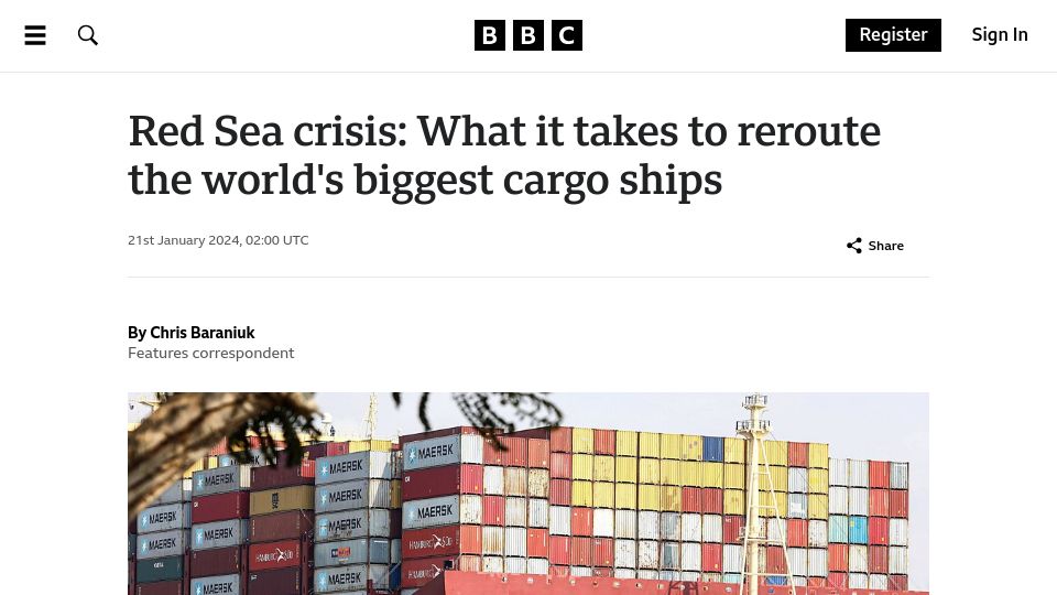 Screenshot of bbc.com: What it takes to reroute the biggest cargo ships on a 4K mile detour