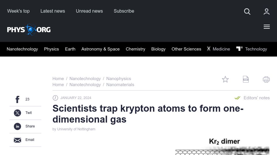 Screenshot of phys.org: Scientists trap krypton atoms to form one-dimensional gas