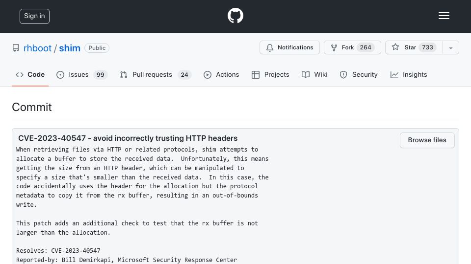 Screenshot of github.com: CVE-2023-40547 – avoid incorrectly trusting HTTP headers