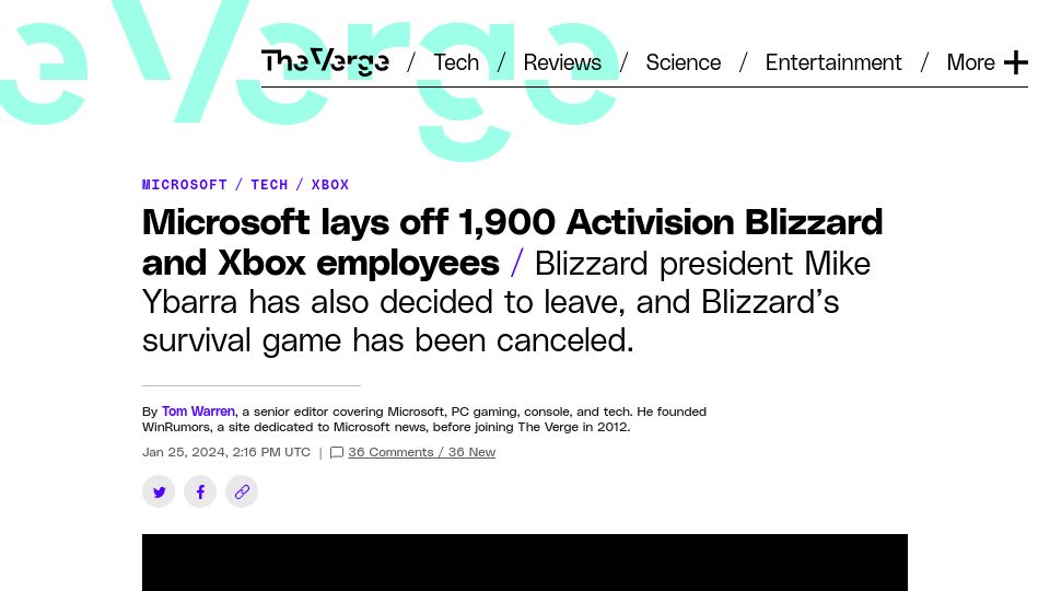 Screenshot of theverge.com: Microsoft lays off 1,900 Activision Blizzard and Xbox employees