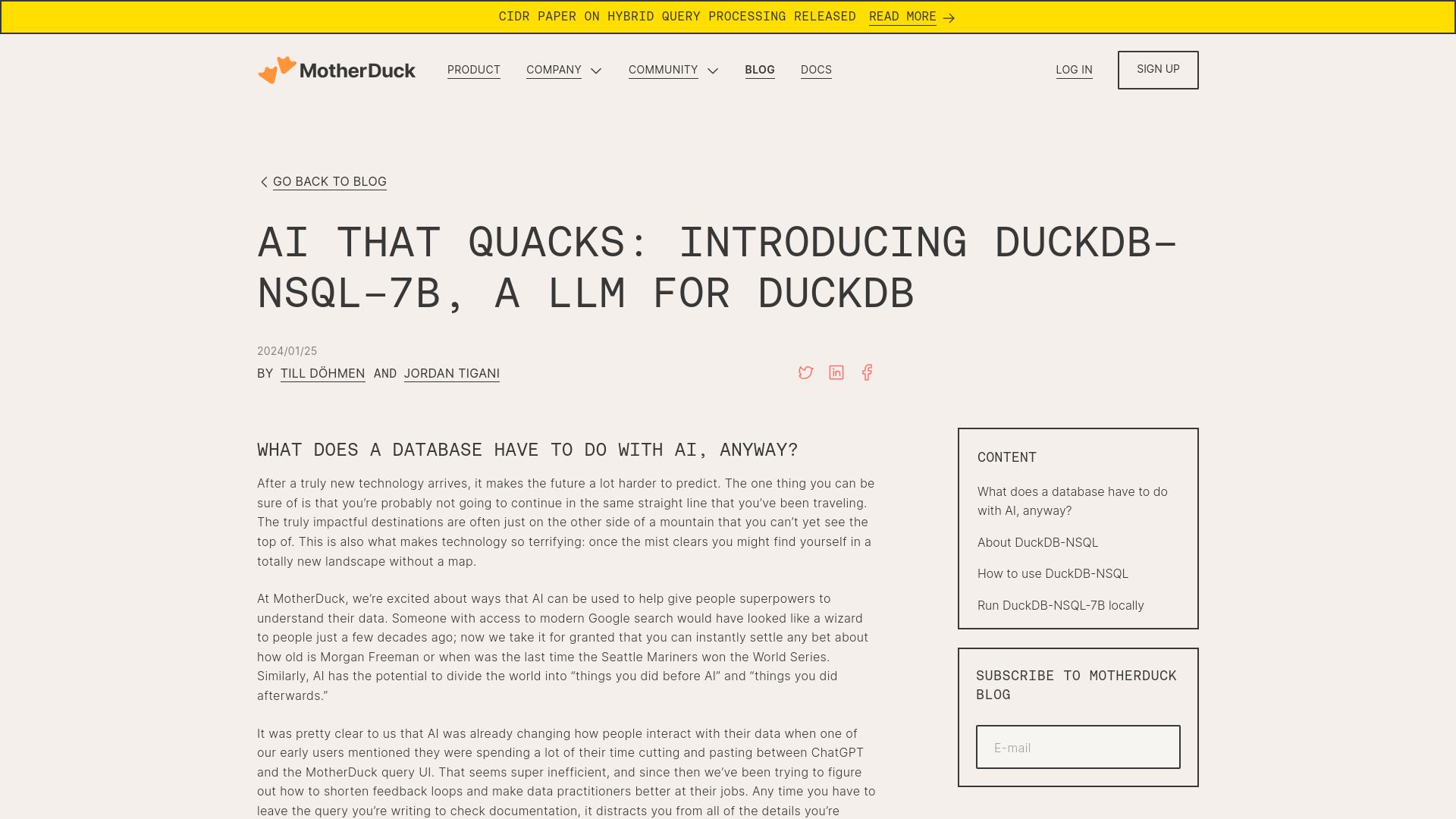 Screenshot of motherduck.com: An open source DuckDB text to SQL LLM