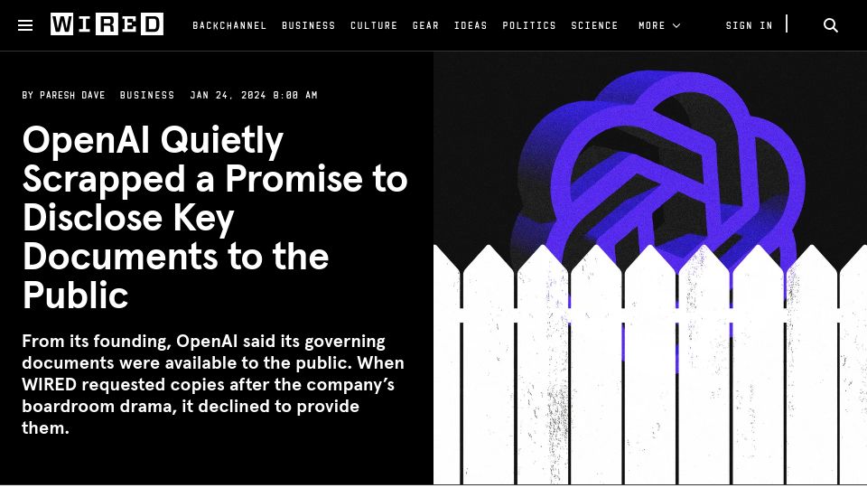 Screenshot of wired.com: OpenAI scrapped a promise to disclose key documents to the public